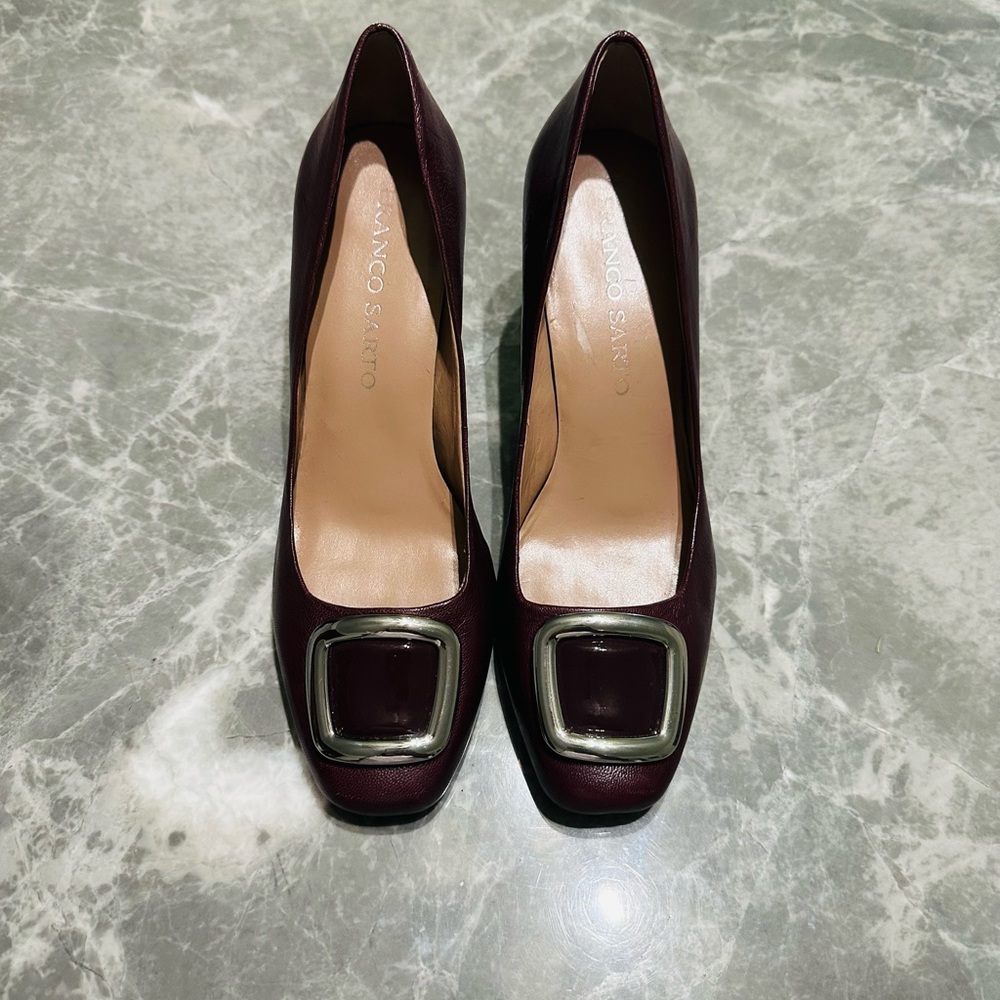 Franco Sarto Ursa Pump In Maroon Size 6 Stacked Heel Embellished Leather Square